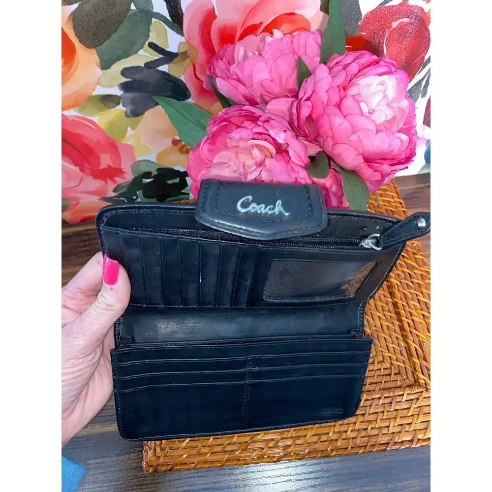 Coach Signature Canvas Black & Gray Flap Wallet Leather Trim - Picture 7 of 7